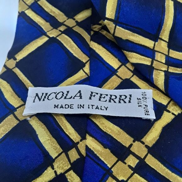 Nicola Ferri Italy Navy Blue/Blue/Yellow Plaid Tie 100% Pure Silk - Picture 4 of 7